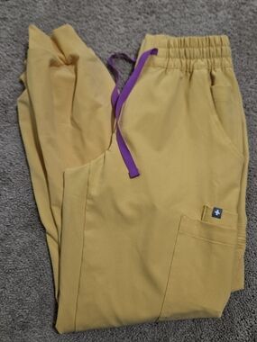Figs Mustard Yellow Drawstring Jogger Pants with Purple Tie